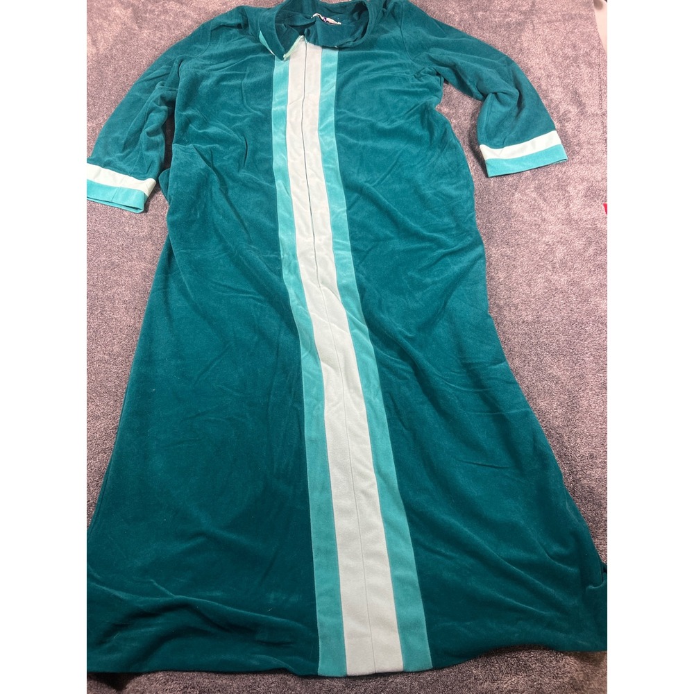 Vintage Vanity Fair Velour Zip Front Robe Teal Green Striped Lounger Size 18 USA
